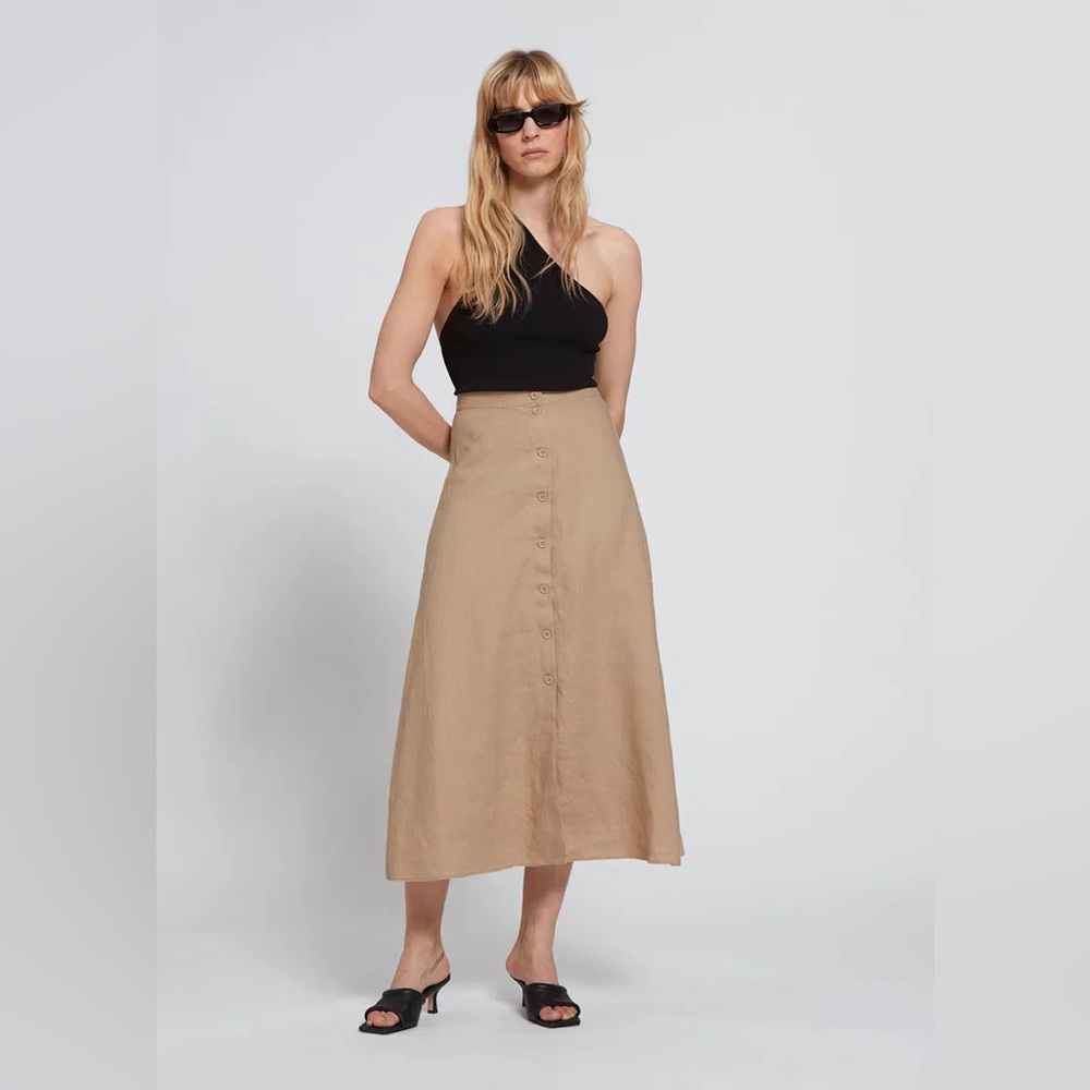 & Other Stories Buttoned A-Line Linen Midi Skirt size 6 Tan Brown